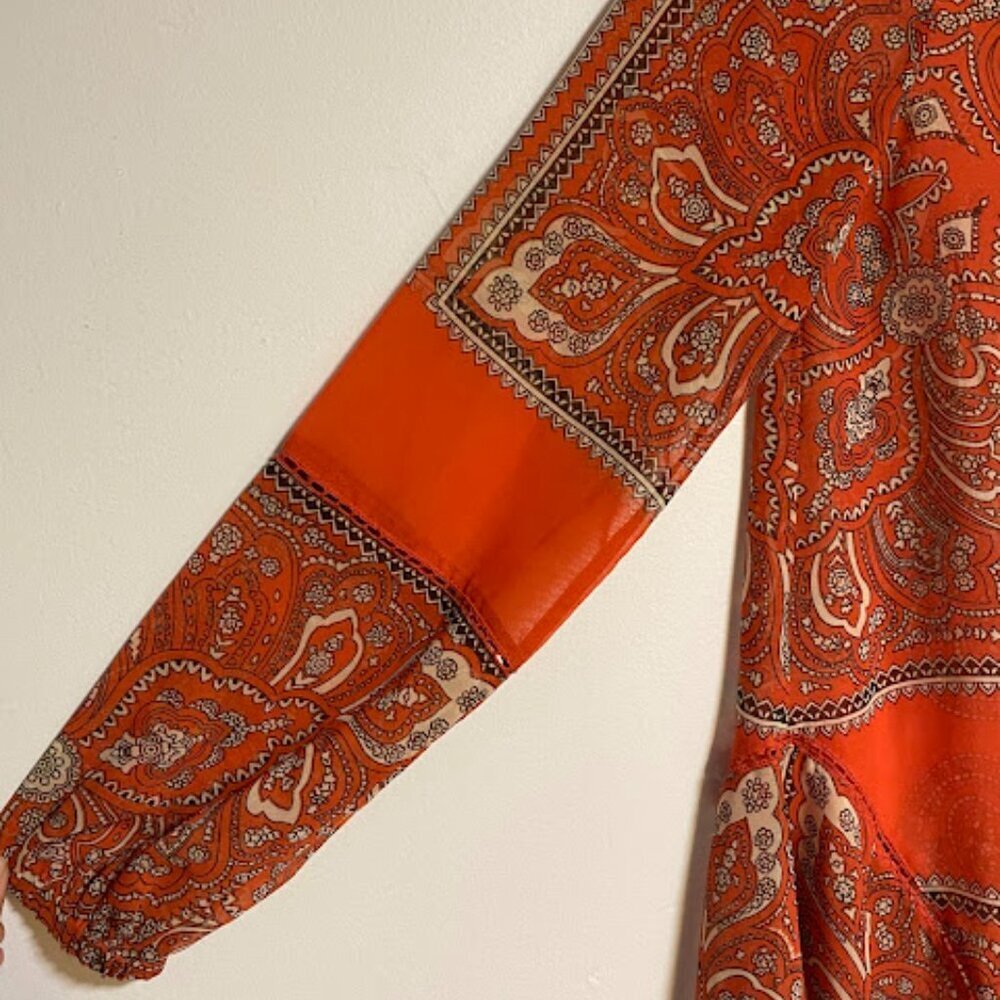 Love Sam Orange Paisley Boho Silk Chiffon Blouse Size XS - Picture 3 of 11